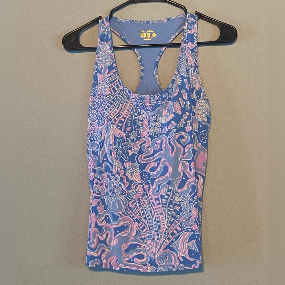 Lilly Pulitzer Blue and Pink Patterned Tank Top with bra lining.